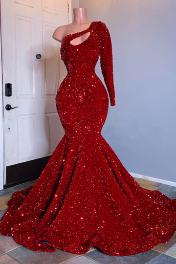Black Girl Prom Dresses One Shoulder Mermaid Red Prom Dresses | Cheap Sequins Evening Gowns HZ1023